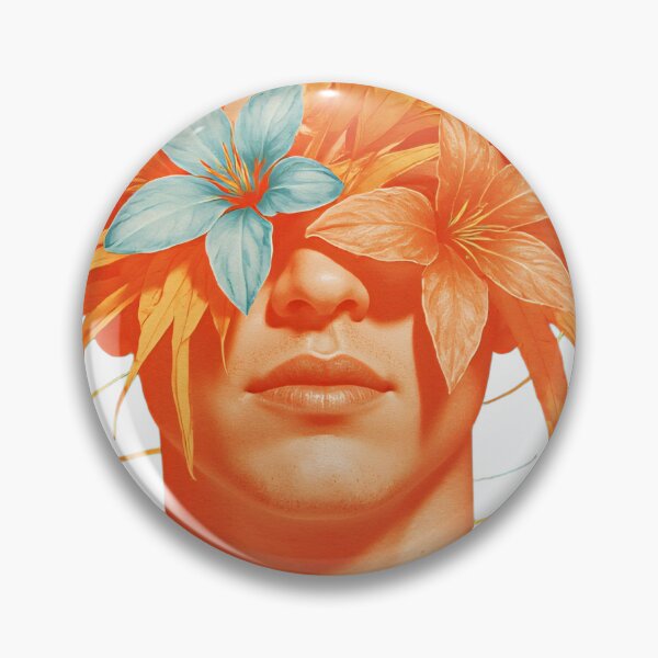 Item preview, Portrait of a man with orange leaves and flowers covering his eyes in a creative expression of nature and emotion designed and sold by SpaceartLilu.