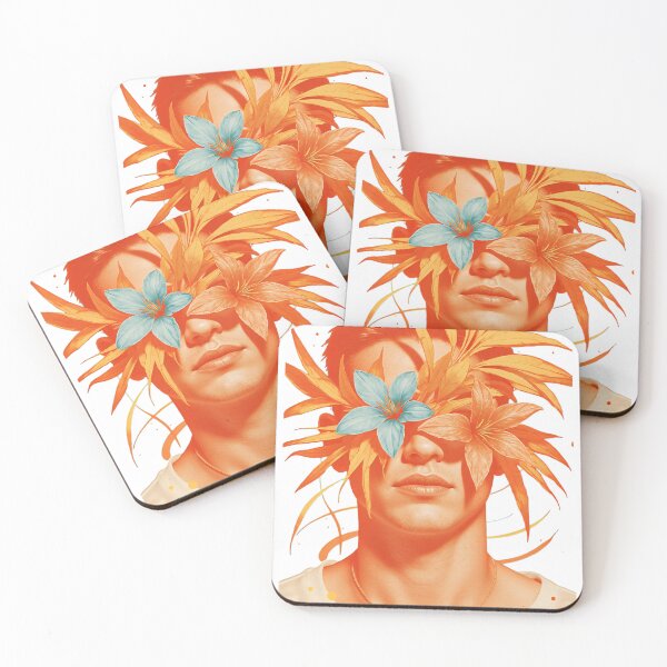 Item preview, Portrait of a man with orange leaves and flowers covering his eyes in a creative expression of nature and emotion designed and sold by SpaceartLilu.