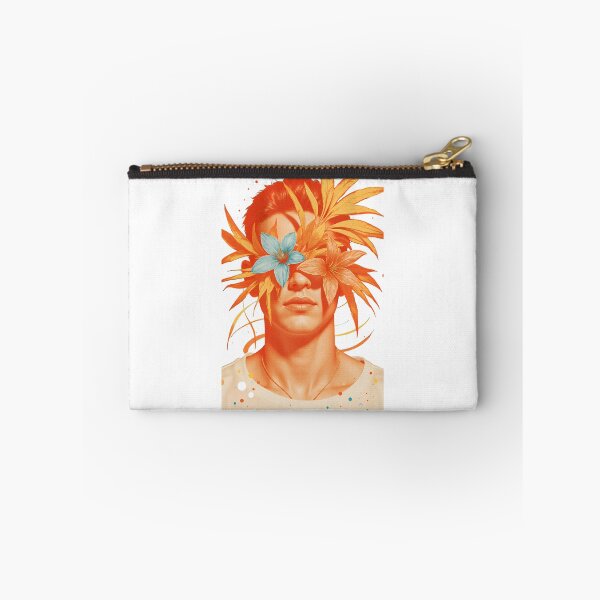 Item preview, Portrait of a man with orange leaves and flowers covering his eyes in a creative expression of nature and emotion designed and sold by SpaceartLilu.
