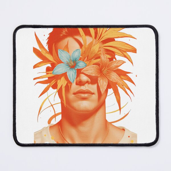 Item preview, Portrait of a man with orange leaves and flowers covering his eyes in a creative expression of nature and emotion designed and sold by SpaceartLilu.