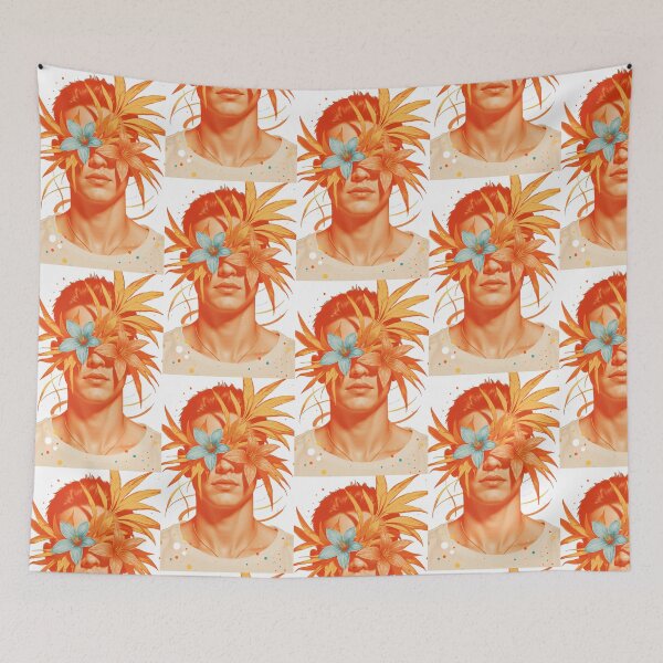 Item preview, Portrait of a man with orange leaves and flowers covering his eyes in a creative expression of nature and emotion designed and sold by SpaceartLilu.