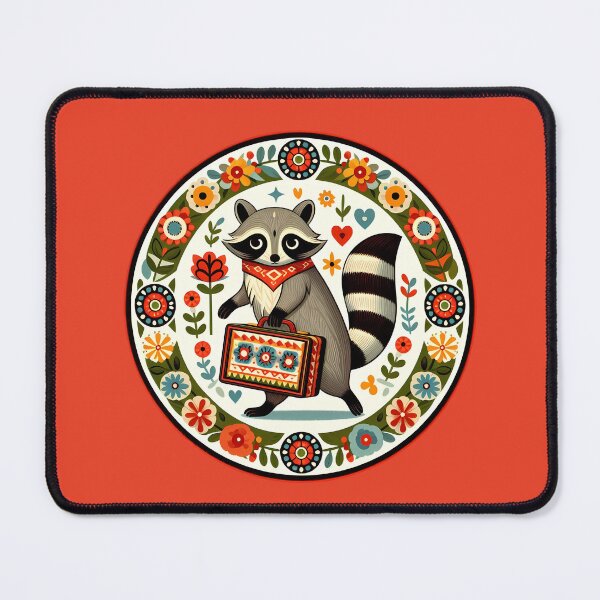Item preview, Escaping Boarding School Raccoon with Suitcase – Scandinavian Folk Art Back to School Design © heidiannemorris designed and sold by FOLK ART FUSION.