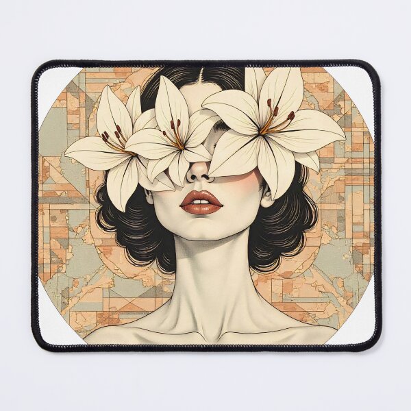 Item preview, Woman with flowers covering her eyes in a circular artwork with a patterned background and neutral colors designed and sold by SpaceartLilu.