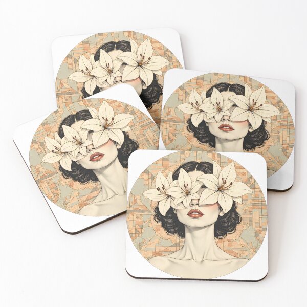Item preview, Woman with flowers covering her eyes in a circular artwork with a patterned background and neutral colors designed and sold by SpaceartLilu.