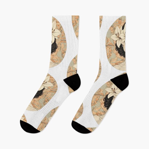 Item preview, Woman with flowers covering her eyes in a circular artwork with a patterned background and neutral colors designed and sold by SpaceartLilu.