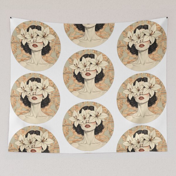 Item preview, Woman with flowers covering her eyes in a circular artwork with a patterned background and neutral colors designed and sold by SpaceartLilu.