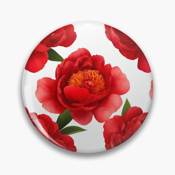 Item preview, The image features a floral pattern of detailed, vibrant red peonies with hints of orange at the center, complemented by green leaves, all set against a clean white background.	 designed and sold by rujlaphusstudio.