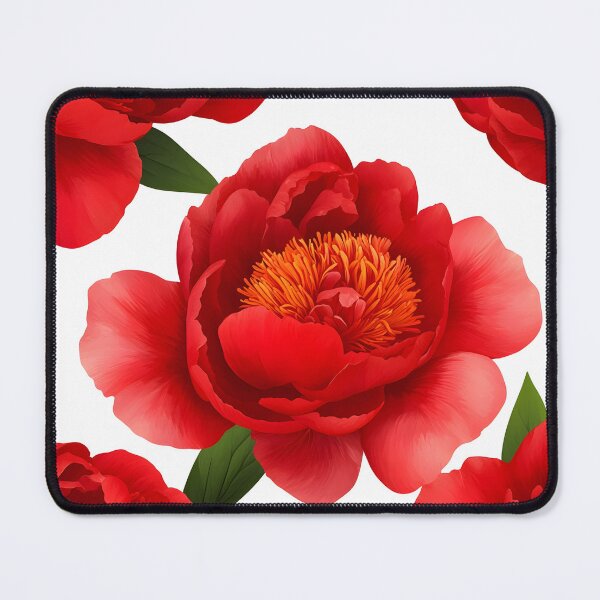 Item preview, The image features a floral pattern of detailed, vibrant red peonies with hints of orange at the center, complemented by green leaves, all set against a clean white background. designed and sold by rujlaphusstudio.