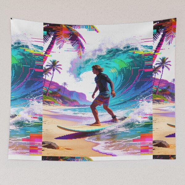 Item preview, Neon Pixel Glitch Surfer Riding the Wave – Vibrant Retro Tropical Aesthetic designed and sold by Cherrydora.