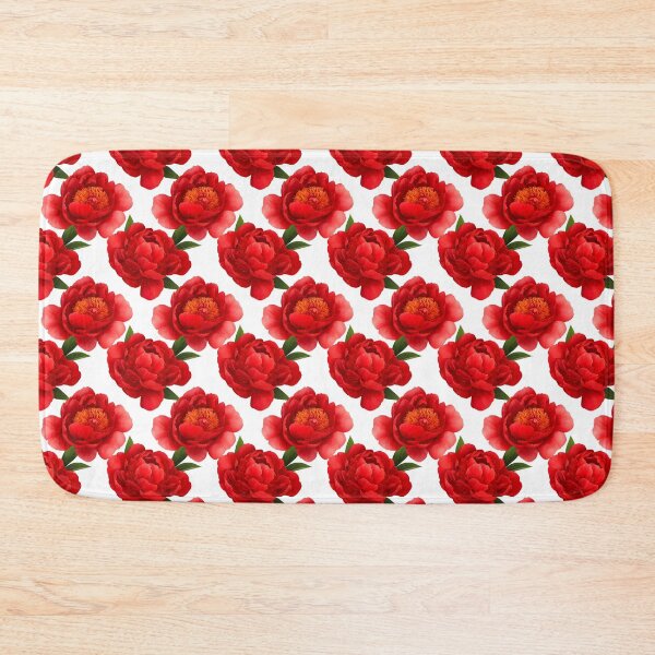 Item preview, The image features a floral pattern of detailed, vibrant red peonies with hints of orange at the center, complemented by green leaves, all set against a clean white background.	 designed and sold by rujlaphusstudio.