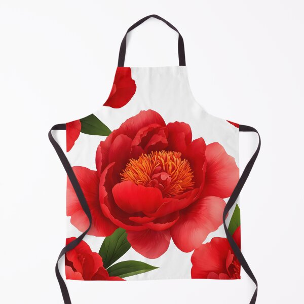Item preview, The image features a floral pattern of detailed, vibrant red peonies with hints of orange at the center, complemented by green leaves, all set against a clean white background. designed and sold by rujlaphusstudio.