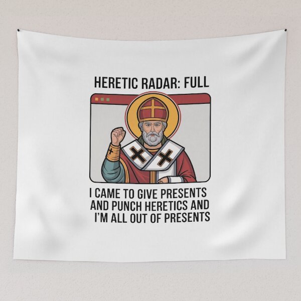 Item preview, Saint Nicholas Icon Meets Modern UI – Catholic Christmas Humor “Heretic Radar Full” Meme Design designed and sold by WSPrintCrafter.