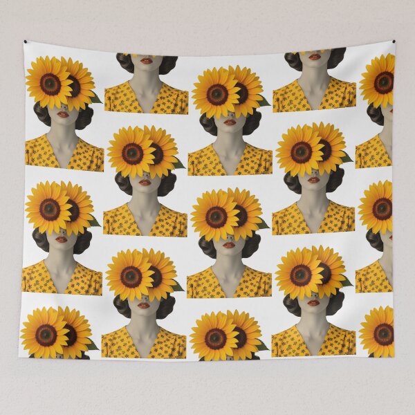 Item preview, Woman with sunflowers covering her face in a colorful setting during daytime designed and sold by SpaceartLilu.