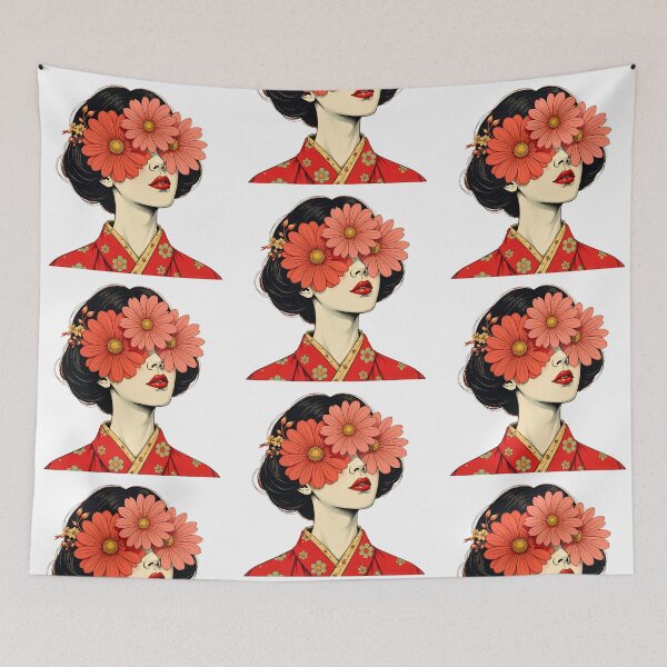 Item preview, Woman with flowers on her eyes styled in traditional clothing stands in front of colorful background designed and sold by SpaceartLilu.