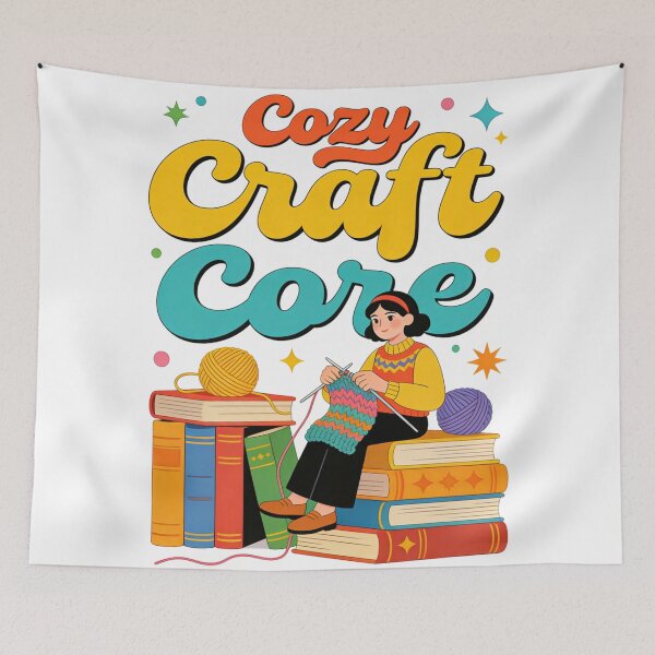 Item preview, Cozy Craft Core Aesthetic Design | Retro Knitting Hobbyist Sitting on Books Stack Illustration designed and sold by Cherrydora.