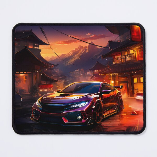 Item preview, Street racer car glowing between lantern houses at mountain sunset designed and sold by RevUpDesign.