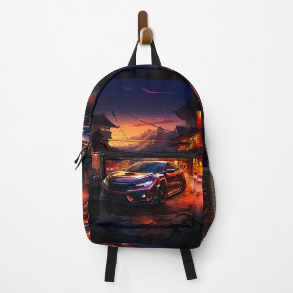 Item preview, Street racer car glowing between lantern houses at mountain sunset designed and sold by RevUpDesign.
