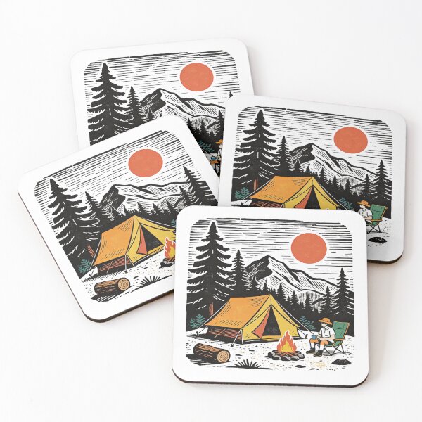 Item preview, Linocut Style Solitude Camping Night: Cozy Campfire and Orange Moon Wilderness Adventure Design designed and sold by Cherrydora.