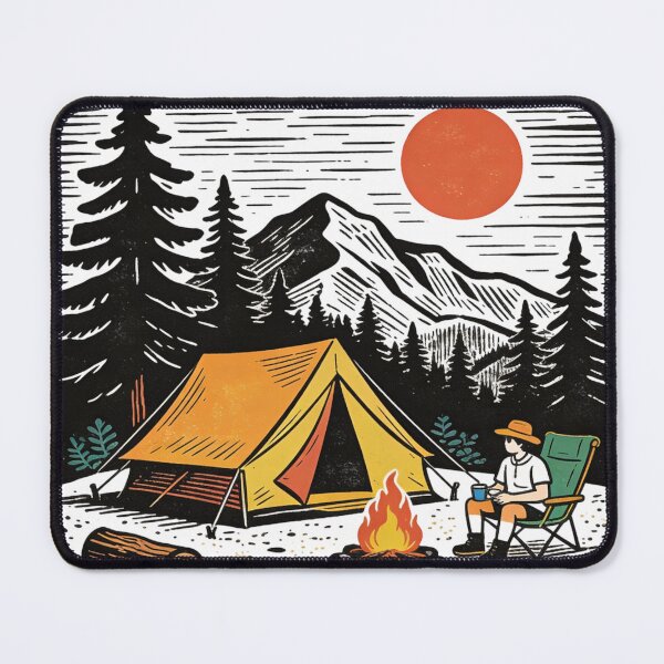 Item preview, Linocut Style Solitude Camping Night: Cozy Campfire and Orange Moon Wilderness Adventure Design designed and sold by Cherrydora.