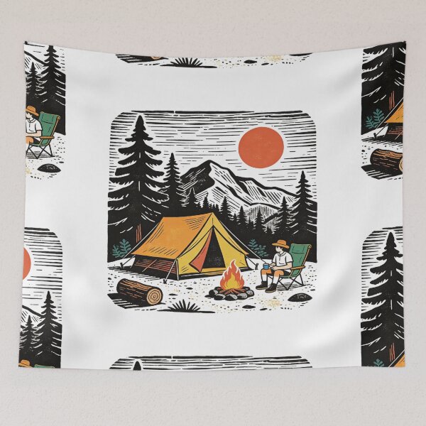 Item preview, Linocut Style Solitude Camping Night: Cozy Campfire and Orange Moon Wilderness Adventure Design designed and sold by Cherrydora.