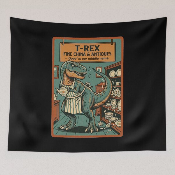 Item preview, T-REX Fine China & Antiques 'Oops' Funny Clumsy Dinosaur Tea Lover Vintage Design designed and sold by Bongocomic.