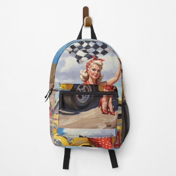 Item preview, Race Day Polka Dot Pinup Girl - Vintage Dirt Track Racer & Checkered Flag designed and sold by Art's Diner.