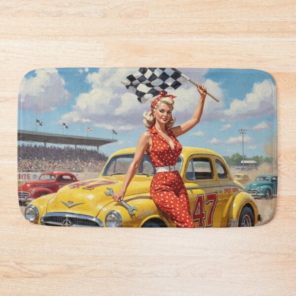 Item preview, Race Day Polka Dot Pinup Girl - Vintage Dirt Track Racer & Checkered Flag designed and sold by Art's Diner.