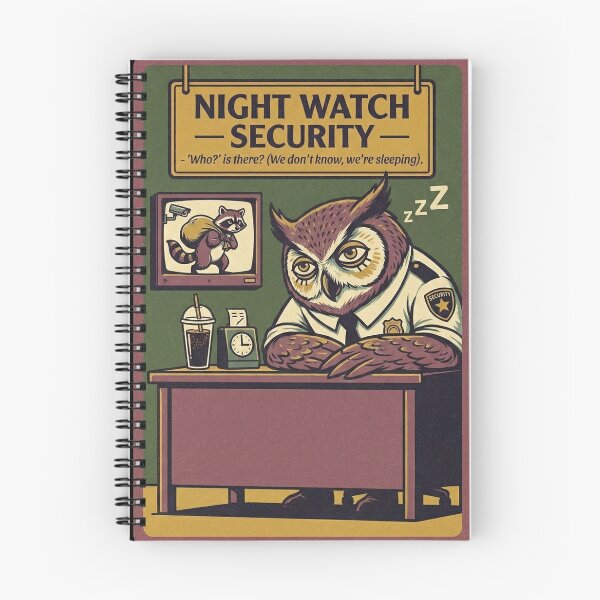 Item preview, Night Watch Security Sleeping Owl Funny Meme Guard Raccoon Thief Vintage designed and sold by Bongocomic.