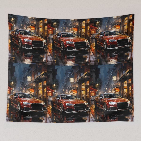 Item preview, Compact sports car cruising through narrow rainy night market designed and sold by RevUpDesign.