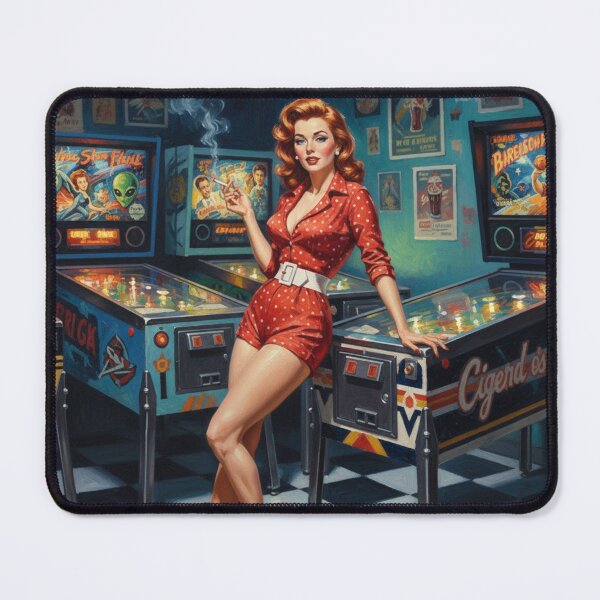 Item preview, Retro Pinball Wizard Pinup Girl - 1950s Arcade & Red Polka Dots designed and sold by Art's Diner.