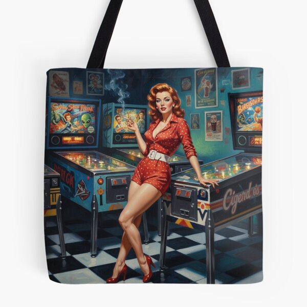 Item preview, Retro Pinball Wizard Pinup Girl - 1950s Arcade & Red Polka Dots designed and sold by Art's Diner.