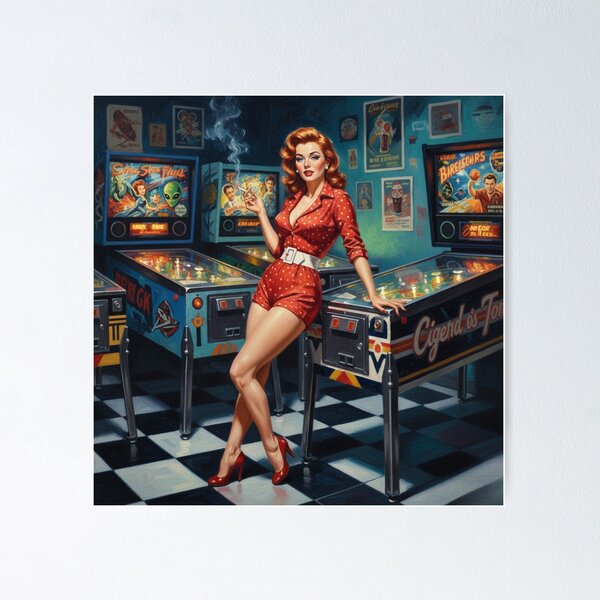Item preview, Retro Pinball Wizard Pinup Girl - 1950s Arcade & Red Polka Dots designed and sold by Art's Diner.