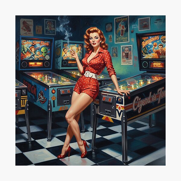 Item preview, Retro Pinball Wizard Pinup Girl - 1950s Arcade & Red Polka Dots designed and sold by Art's Diner.