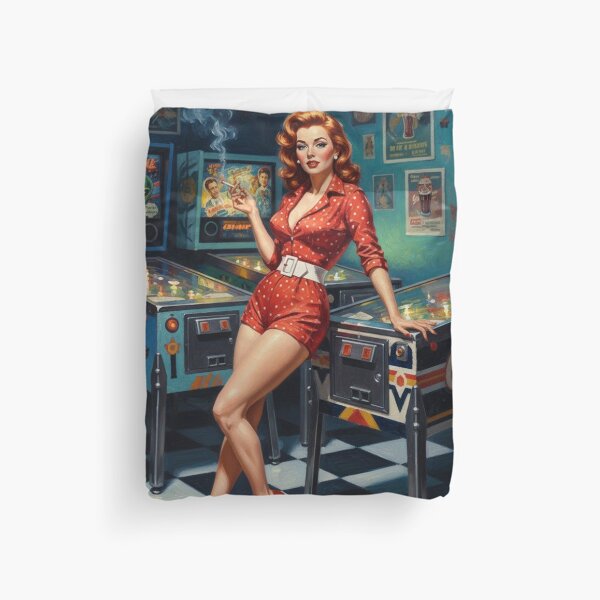 Item preview, Retro Pinball Wizard Pinup Girl - 1950s Arcade & Red Polka Dots designed and sold by Art's Diner.