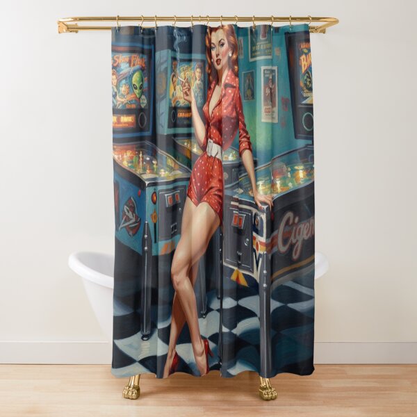 Item preview, Retro Pinball Wizard Pinup Girl - 1950s Arcade & Red Polka Dots designed and sold by Art's Diner.