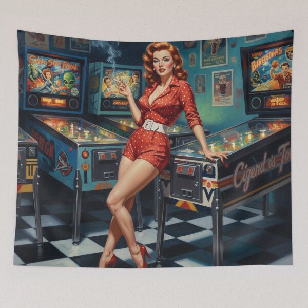 Item preview, Retro Pinball Wizard Pinup Girl - 1950s Arcade & Red Polka Dots designed and sold by Art's Diner.