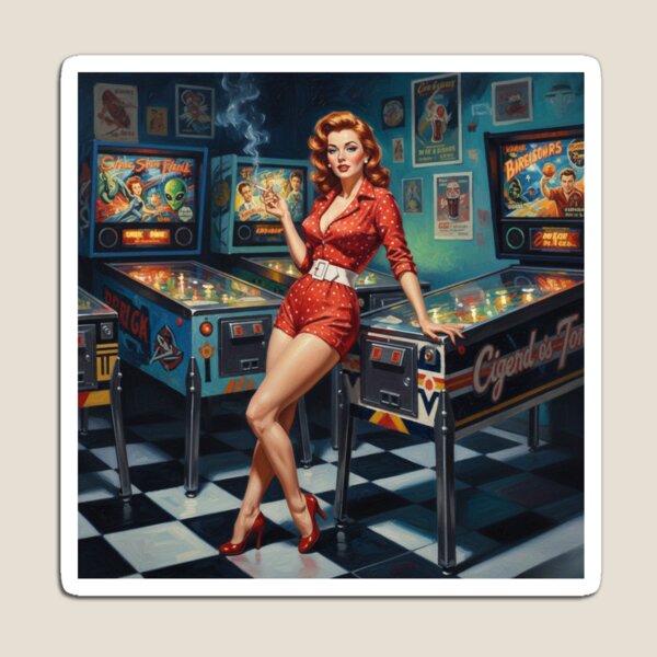 Item preview, Retro Pinball Wizard Pinup Girl - 1950s Arcade & Red Polka Dots designed and sold by Art's Diner.