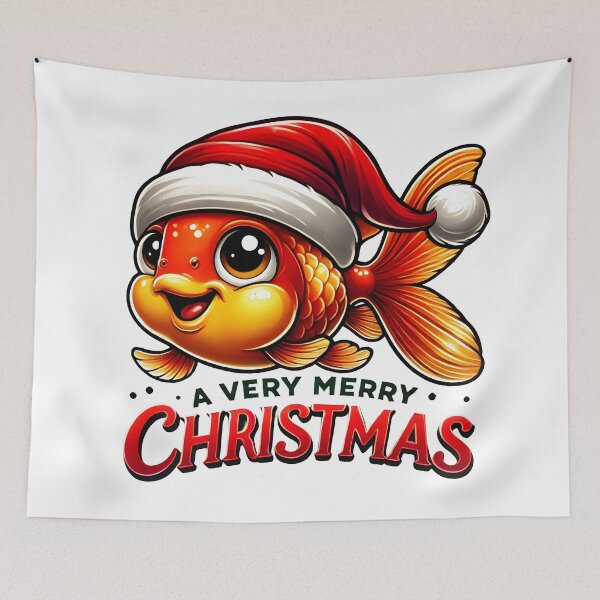 Item preview, Cute Goldfish Christmas Art with Santa Hat. designed and sold by The-T-In-Retro.