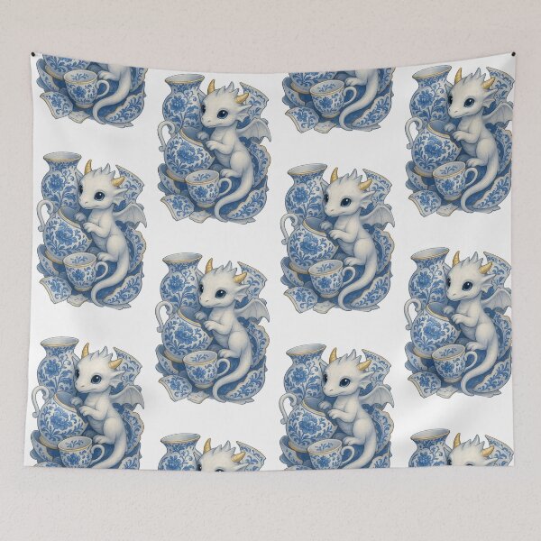Item preview, Porcelain Dragon Mishap / Cute White Dragon in Blue China Teacups designed and sold by Hatchling Hollow.