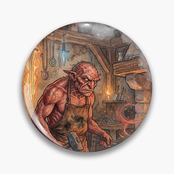 Item preview, Hobgoblin Smith at his Fiery Forge creature of folklore watercolor artwork illustration designed and sold by Vintage Designs +.