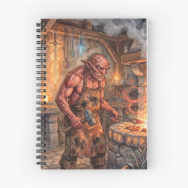 Item preview, Hobgoblin Smith at his Fiery Forge creature of folklore watercolor artwork illustration designed and sold by Vintage Designs +.