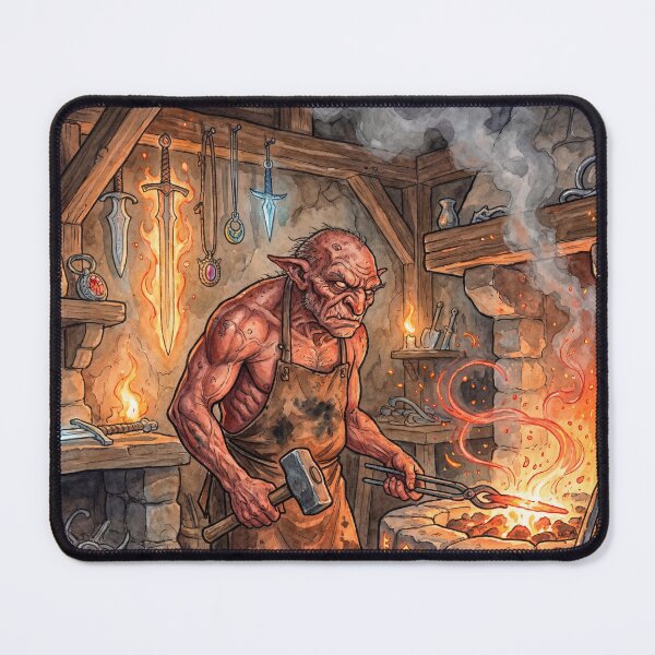 Item preview, Hobgoblin Smith at his Fiery Forge creature of folklore watercolor artwork illustration designed and sold by Vintage Designs +.