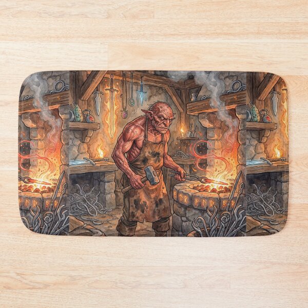 Item preview, Hobgoblin Smith at his Fiery Forge creature of folklore watercolor artwork illustration designed and sold by Vintage Designs +.