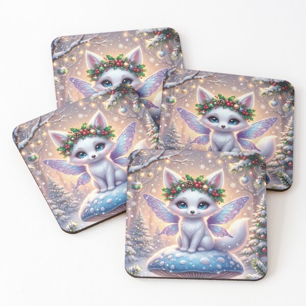 Item preview, White fox sitting on a mushroom in winter at Christmas designed and sold by Celedrine-art.