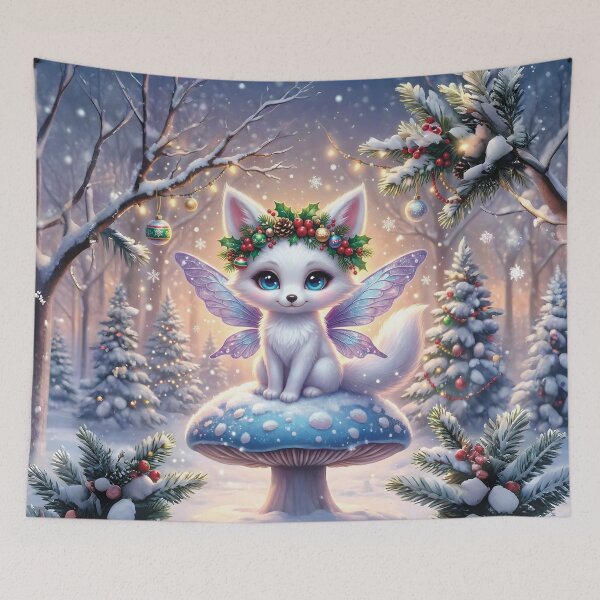 Item preview, White fox sitting on a mushroom in winter at Christmas designed and sold by Celedrine-art.