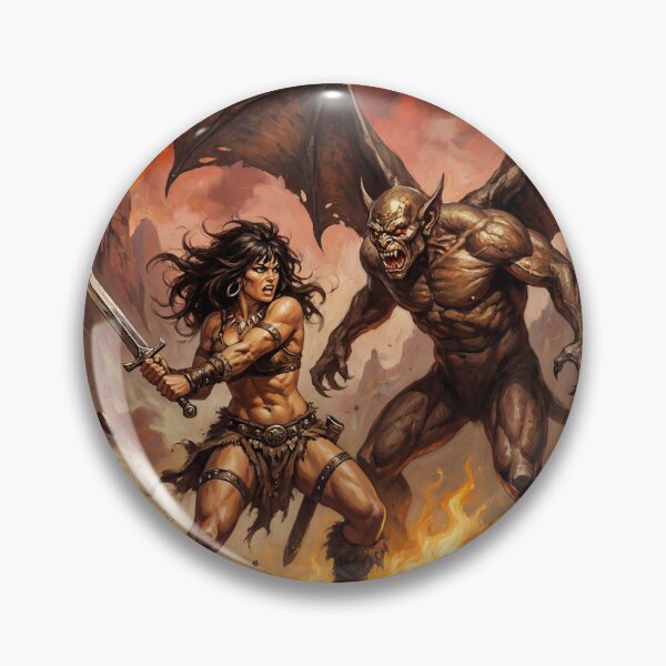 Artikelvorschau, Illustration im Fantasy-Stil: Barbarin gegen Dämonenhorde entworfen und verkauft von Vintage Designs +.