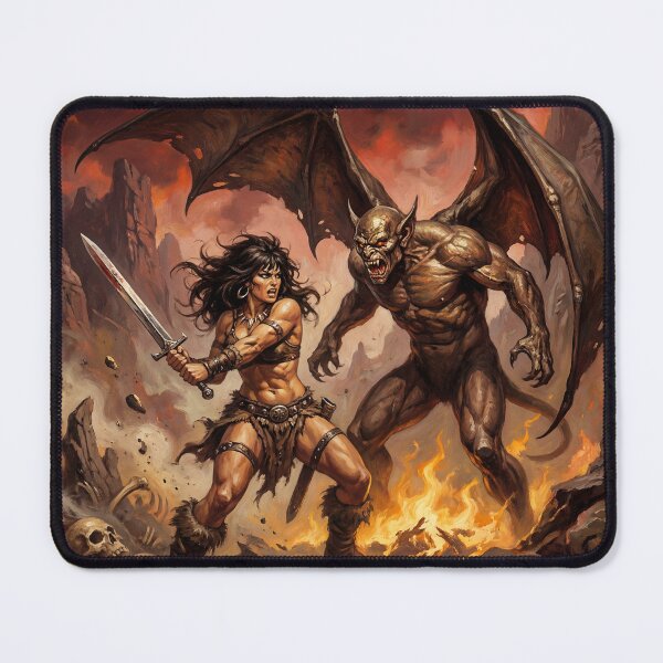 Item preview, Barbarian Woman vs the demon horde illustration fantasy art style designed and sold by Vintage Designs +.