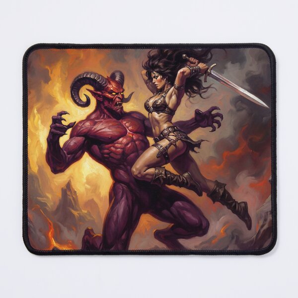 Item preview, Barbarian Woman vs the demon horde illustration fantasy art style designed and sold by Vintage Designs +.