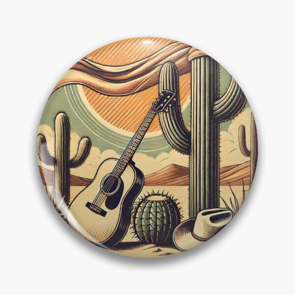 Item preview, Vintage Desert Cowboy Guitar Artwork Western Cactus Landscape Illustration designed and sold by DrawHandArt.