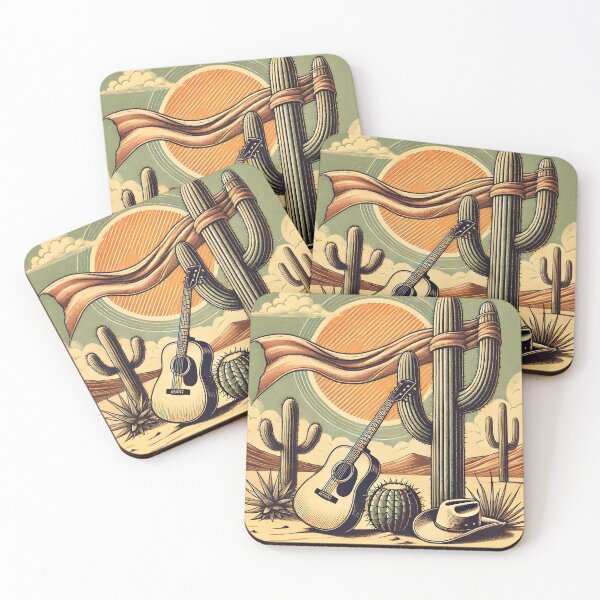 Item preview, Vintage Desert Cowboy Guitar Artwork Western Cactus Landscape Illustration designed and sold by DrawHandArt.